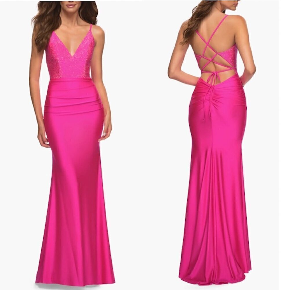 LA FEMME Tie Back Sequin Trumpet Gown in Neon Pink Size US 2